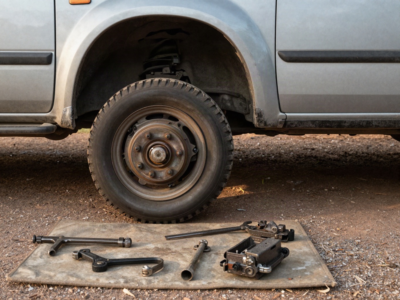 Brake pads being replaced on the exposed front hub of a ute, wheel leaning against the vehicle.