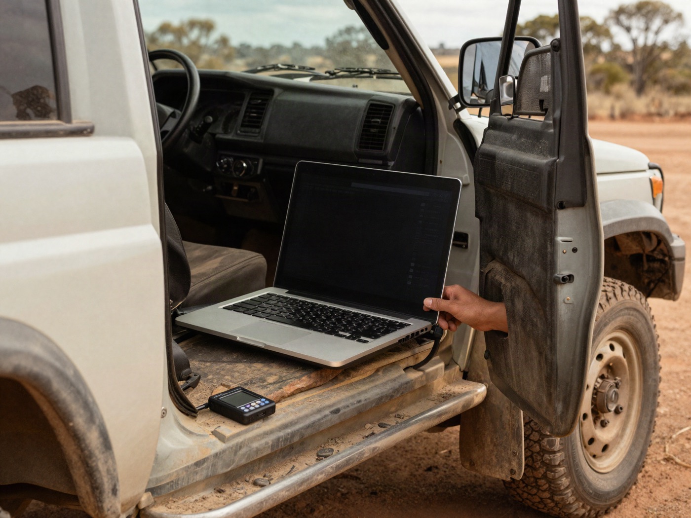 A scan tool plugged in at the driver's door sill