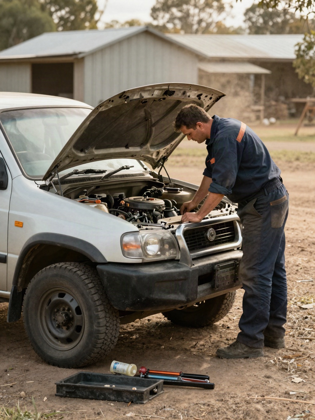A mechanic leaning over the open engine bay of a dual-cab ute parked on a rural driveway.