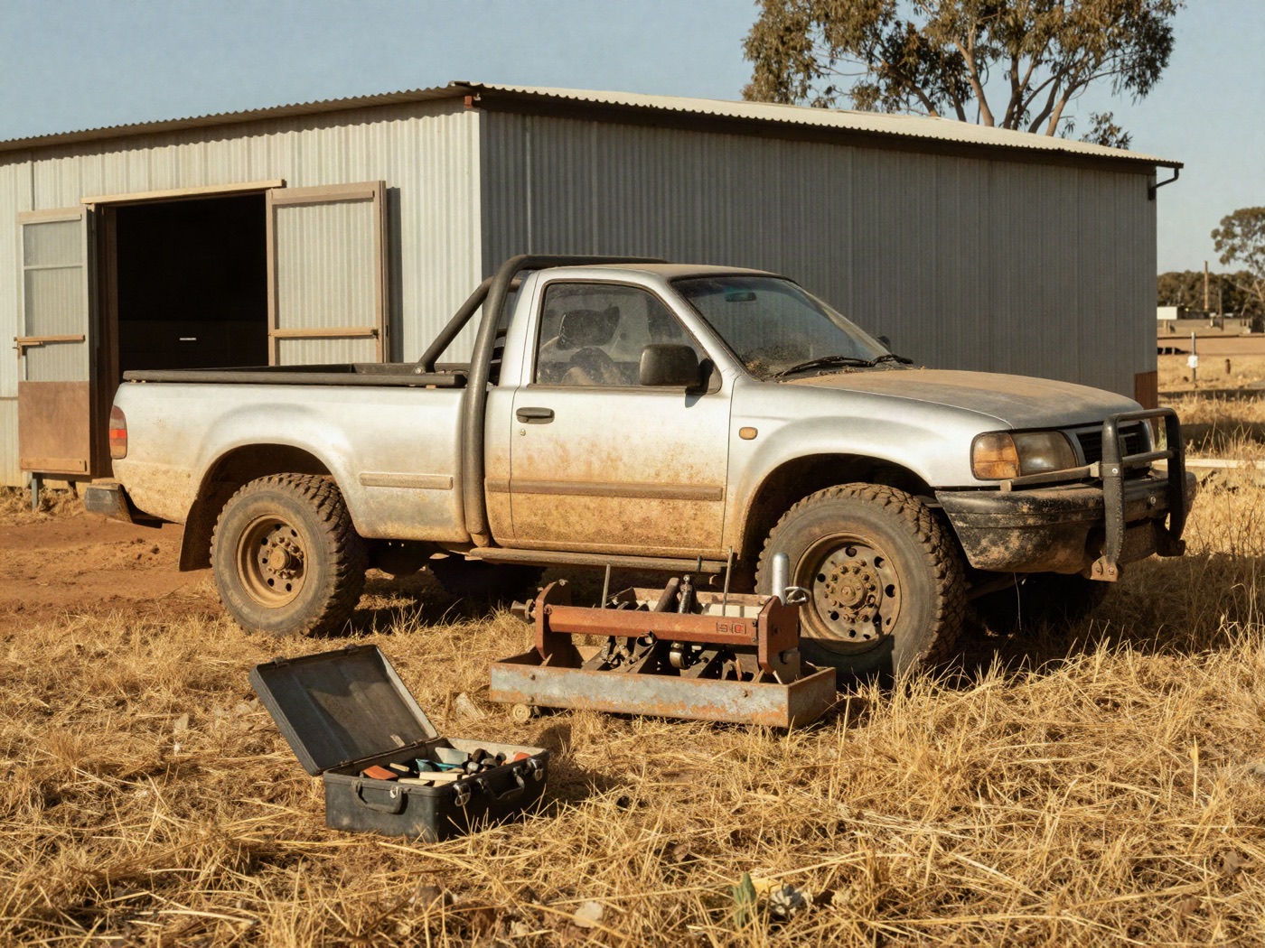 A mud-splattered farm ute parked beside a corrugated-iron shed on an Australian property.
