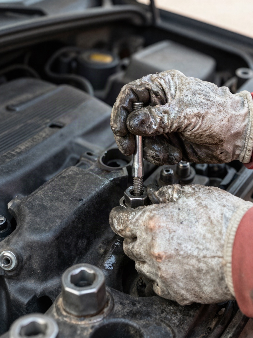 Close-up of a mechanic's gloved hands tightening a bolt with a socket wrench.