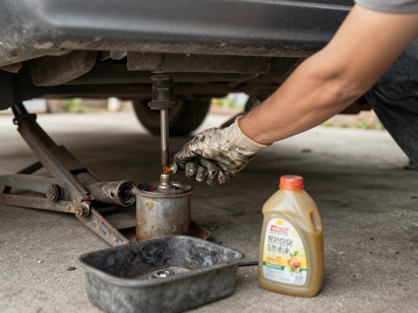 Gloved hands changing an oil filter beneath a vehicle raised on a portable jack.