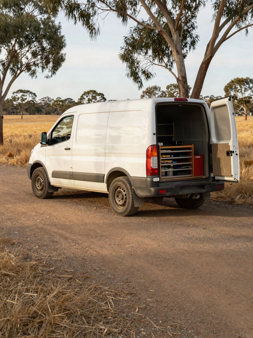 The service van parked on a gravel driveway beside dry paddocks and gum trees.