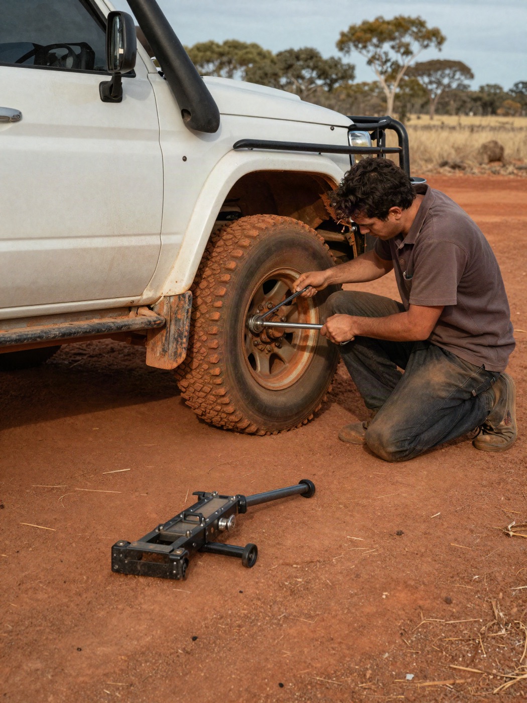 A mechanic working on a wheel out on red dirt